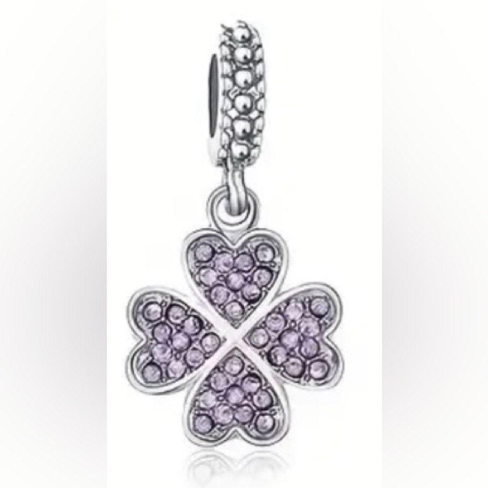 🍀 Purple Crystal Four Leaf Clover Heart Dangle Charm Lucky Floral